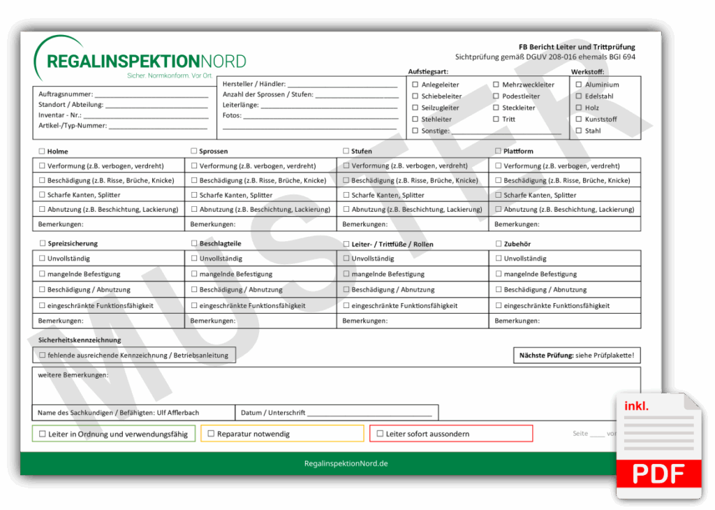 Muster Prüfprotokoll Leiter und Trittprüfung als PDF, Prüfcheckliste für Holme, Sprossen, Stufen, Plattform und Zubehör