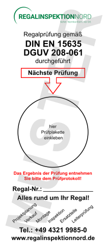 Beispiel Prüfplakette, Kreis zum Einkleben der Plakette und Pfeil auf das Feld Nächste Prüfung