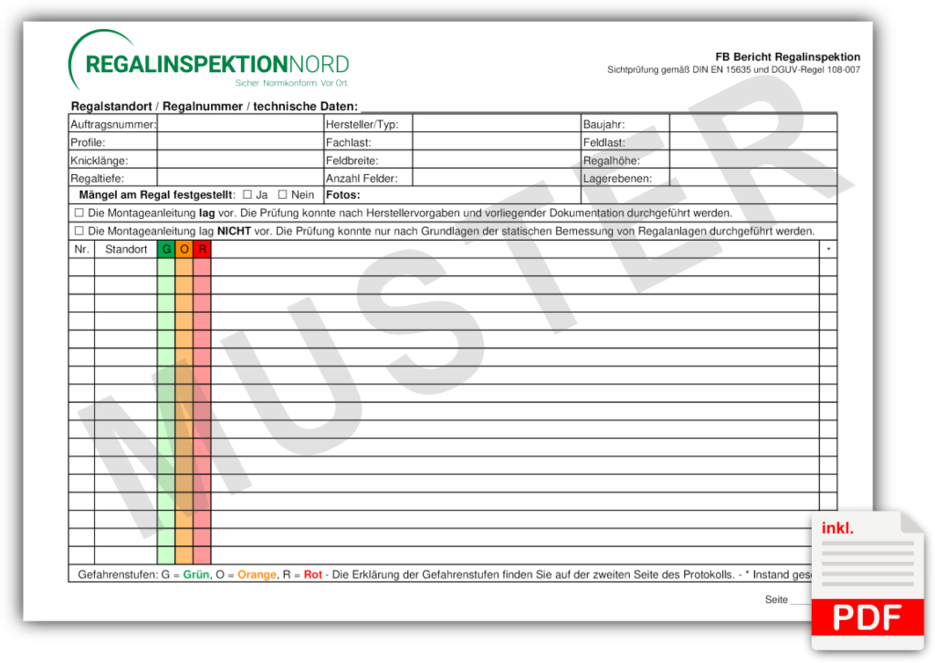 Muster Prüfprotokoll Regalinspektion als PDF, Formular mit Stammdaten und Gefahrenstufen Grün Orange Rot